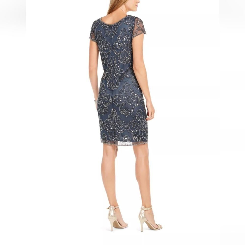 Jkara Womens Gray Short Sleeve Above The Knee Cocktail Beaded Sheath Dress 14 - Picture 2 of 8